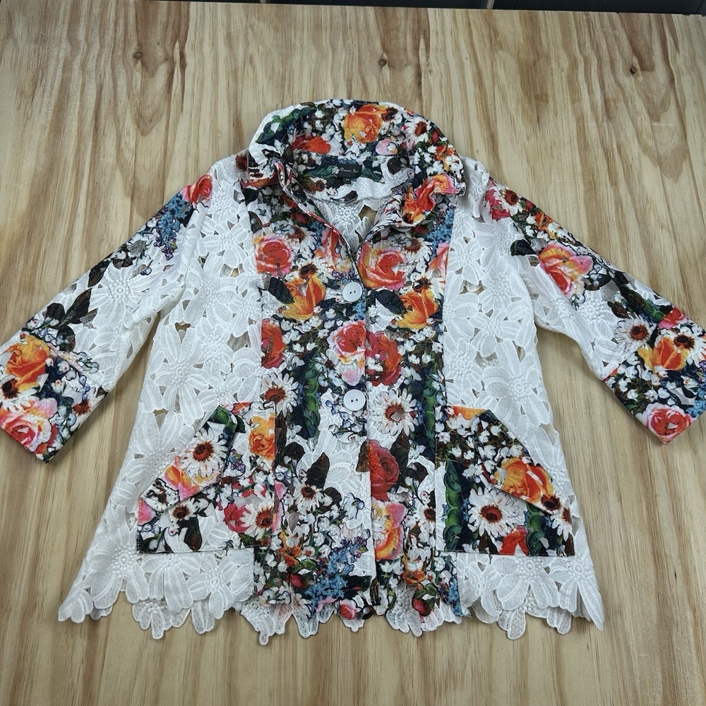 Damee Inc Jacket Womens XL White Colorful‎ Floral Button Up Party Art To Wear